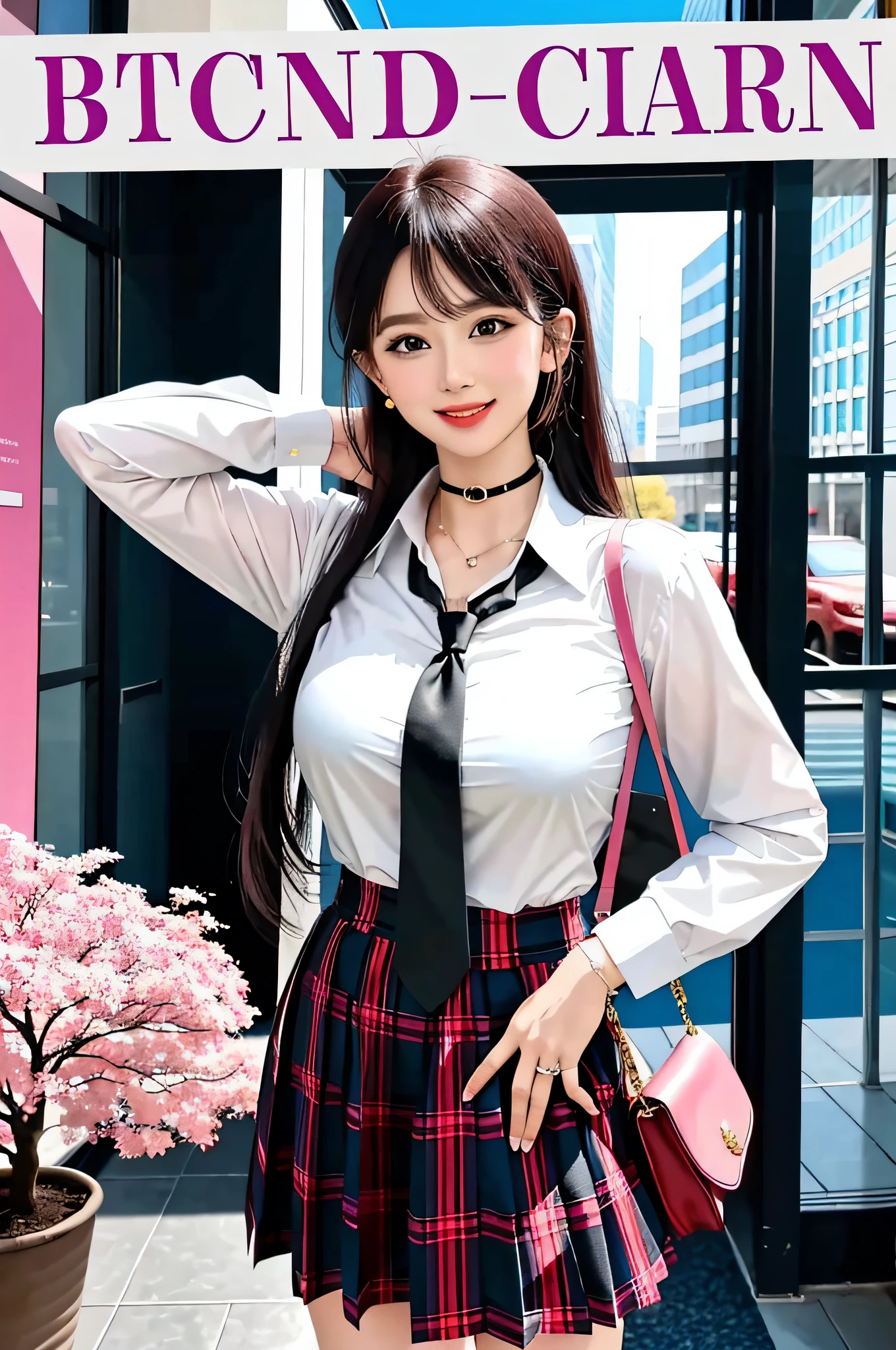 masterpiece, best quality, full body, 1girl, bangs, black choker, black necktie, black hair, blue skirt, blush, bracelet, breasts, choker, clothes around waist, collarbone, collared shirt, cowboy shot, dress shirt, ear piercing, eyebrows visible through hair, gradient hair, grin, gyaru, jewelry, kogal, long hair, looking at viewer, loose necktie, necktie, piercing, plaid, plaid skirt, pleated skirt, red eyes, ring, school uniform, shirt, skirt, smile, solo, white shirt, street, sky, cherry blossoms, petals,illustration, (magazine:1.3), (cover-style:1.3), fashionable, woman, vibrant, outfit, posing, front, colorful, dynamic, background, elements, confident, expression, holding, statement, accessory, majestic, coiled, around, touch, scene, text, cover, bold, attention-grabbing, title, stylish, font, catchy, headline, larger, striking, modern, trendy, focus, fashion,