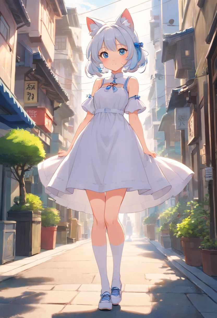 Wear sneakers,Masterpiece,long whitr hair,Extremely tall girls,A giantess,In the city,Full limbs,The face is delicate,White double ponytail,blue color eyes,White ta,Long-range shots,white stockings,There are cat ears on the head, white dresses, silber hair, cute anime waifu in a nice dress, cute big breasts,Chopstick legs,Slender calves,Slender,high-heels