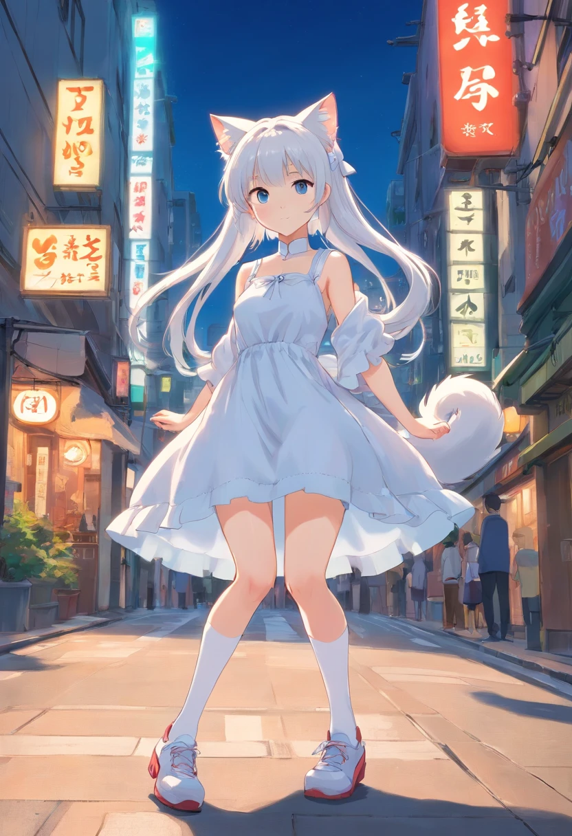 Wear sneakers,Masterpiece,long whitr hair,Extremely tall girls,A giantess,In the city,Full limbs,The face is delicate,White double ponytail,blue color eyes,White ta,Long-range shots,white stockings,There are cat ears on the head, white dresses, silber hair, cute anime waifu in a nice dress, cute big breasts,Chopstick legs,Slender calves,Slender,high-heels