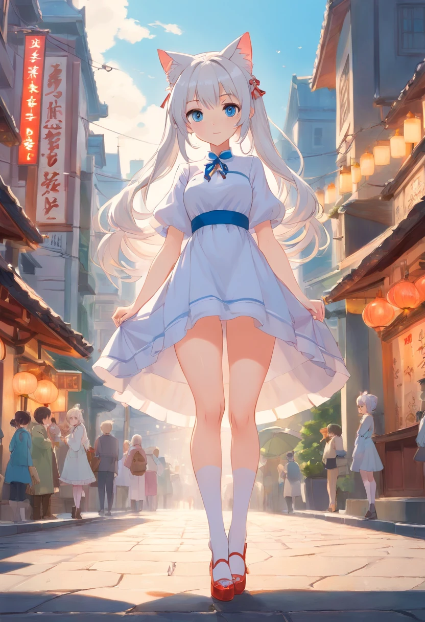 Stand barefoot，Masterpiece，long whitr hair，Extremely tall girls，A giantess，In the city，Full limbs，The face is delicate，White double ponytail，blue color eyes，White Lolita，Long-range shots，white stockings，There are cat ears on the head, white dresses， silber hair, cute anime waifu in a nice dress, cute big breasts,Chopstick legs，Slender calves，Slender，high-heels