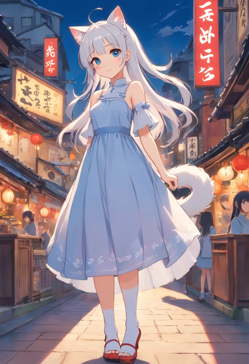 Stand barefoot，Masterpiece，long whitr hair，Extremely tall girls，A giantess，In the city，Full limbs，The face is delicate，White double ponytail，blue color eyes，White Lolita，Long-range shots，white stockings，There are cat ears on the head, white dresses， silber hair, cute anime waifu in a nice dress, cute big breasts,Chopstick legs，Slender calves，Slender，high-heels