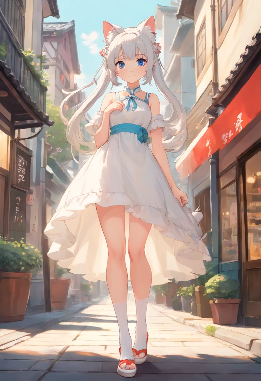 Stand barefoot,Masterpiece,long whitr hair,Extremely tall girls,A giantess,In the city,Full limbs,The face is delicate,White double ponytail,blue color eyes,White ta,Long-range shots,white stockings,There are cat ears on the head, white dresses, silber hair, cute anime waifu in a nice dress, cute big breasts,Chopstick legs,Slender calves,Slender,high-heels