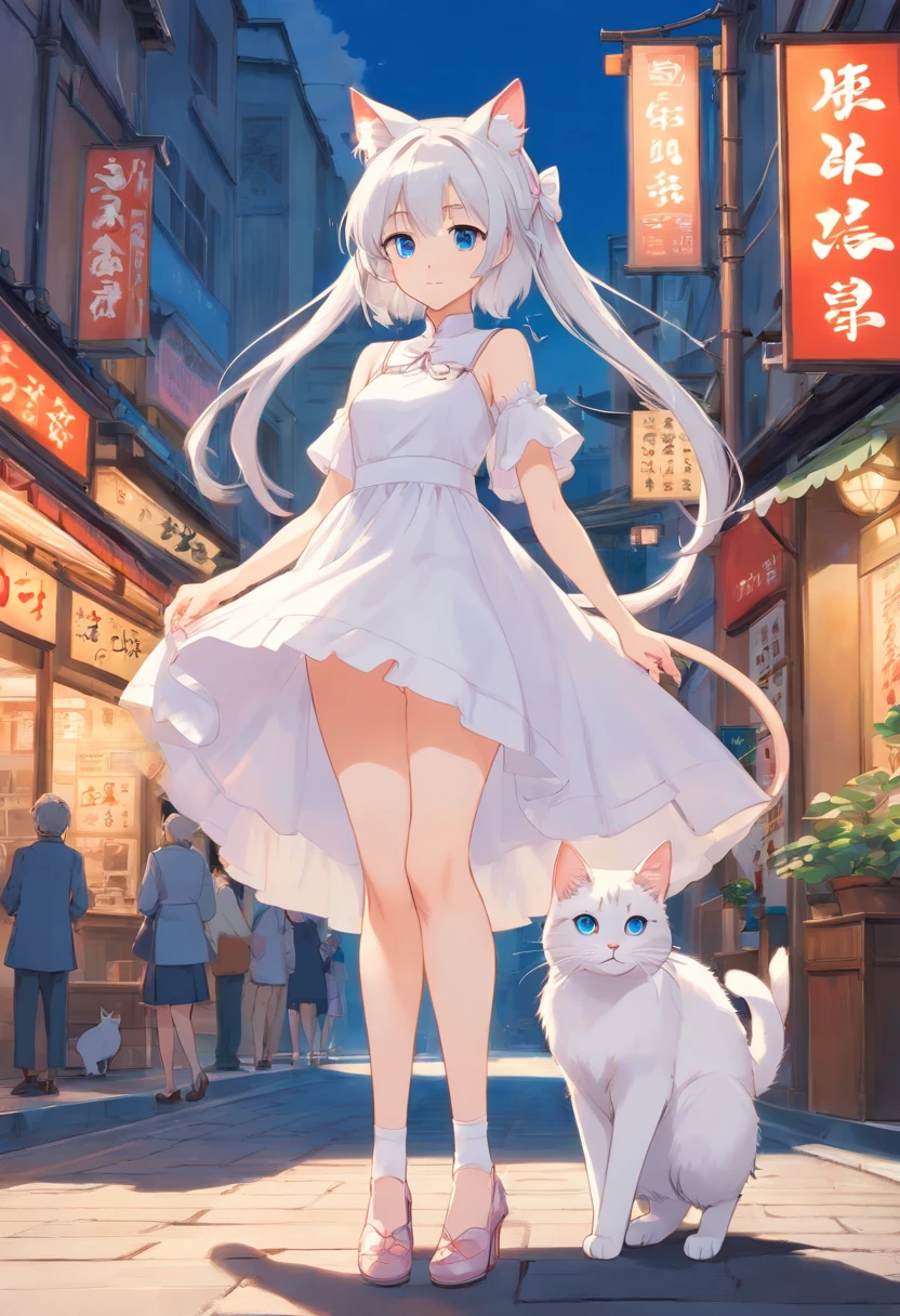 Stand barefoot,Masterpiece,long whitr hair,Extremely tall girls,A giantess,In the city,Full limbs,The face is delicate,White double ponytail,blue color eyes,White ta,Long-range shots,white stockings,There are cat ears on the head, white dresses, silber hair, cute anime waifu in a nice dress, cute big breasts,Chopstick legs,Slender calves,Slender,high-heels