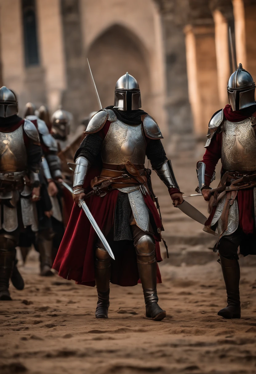 (melhor qualidade,4k,8k,Altas,master part:1.2),ultra-detalhado,(Realistic,fotorrealista,photo-realistic:1.37),medieval,armadura mandaloriana,armadura brilhante,espadas itwo,Espadas brilhantes,guerreiro,rosto lindamente detalhado,sharp facial features,olhos expressivos,Determined expression,Macho,postura heroica,dramatic lighting,fundo aventureiro,paisagem de fantasia,atmosfera mal-humorada,vivid colors,Medieval inspiration,metal textures,Epic Battle,historical warrior,combate tradicional,cavaleiro corajoso,Valor,momento triunfante,perspectiva envolvente,Ancient relics,Stoic presence,ancient ruins,Mystical aura,aura poderosa,Esgrima,guerreiro habilidoso,gravuras de armadura,combate intenso,pose majestosa,detalhes ornamentados,pontaria,Authentic costumes,figura imponente,Legendary fighter,honra e Valor,brilho lustroso,atmosfera de pressentimento,timeless hero,Uncompromising spirit, Armadura Medieval, Capacate de Cavaleiro Europeu; Carregando dois sabres de luz do Kylo Ren, Dual Wielding;