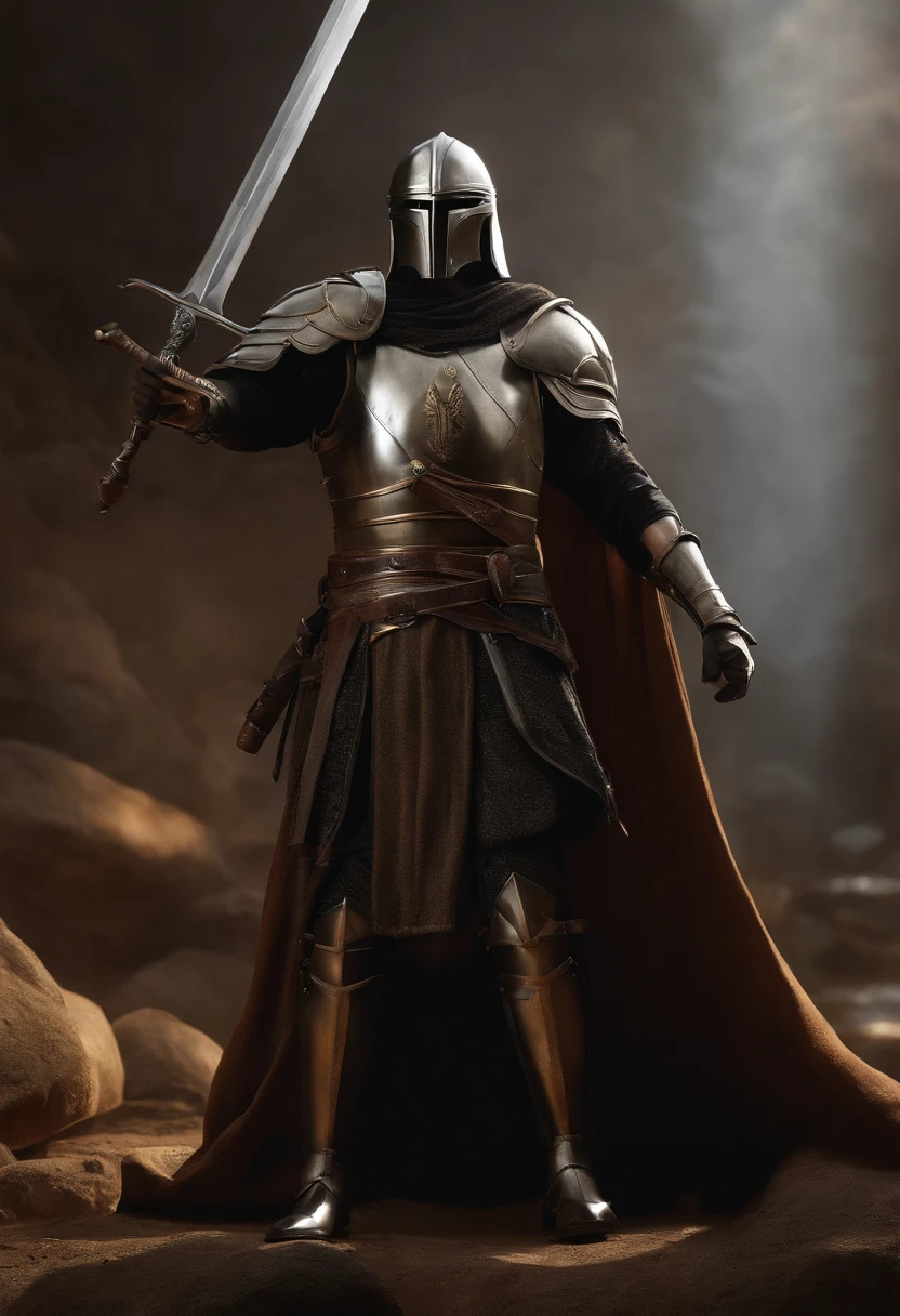 (melhor qualidade,4k,8k,Altas,master part:1.2),ultra-detalhado,(Realistic,fotorrealista,photo-realistic:1.37),medieval,armadura mandaloriana,armadura brilhante,espadas itwo,Espadas brilhantes,guerreiro,rosto lindamente detalhado,sharp facial features,olhos expressivos,Determined expression,Macho,postura heroica,dramatic lighting,fundo aventureiro,paisagem de fantasia,atmosfera mal-humorada,vivid colors,Medieval inspiration,metal textures,Epic Battle,historical warrior,combate tradicional,cavaleiro corajoso,Valor,momento triunfante,perspectiva envolvente,Ancient relics,Stoic presence,ancient ruins,Mystical aura,aura poderosa,Esgrima,guerreiro habilidoso,gravuras de armadura,combate intenso,pose majestosa,detalhes ornamentados,pontaria,Authentic costumes,figura imponente,Legendary fighter,honra e Valor,brilho lustroso,atmosfera de pressentimento,timeless hero,Uncompromising spirit, Armadura Medieval, Capacate de Cavaleiro Europeu; Carregando dois sabres de luz do Kylo Ren, Dual Wielding;