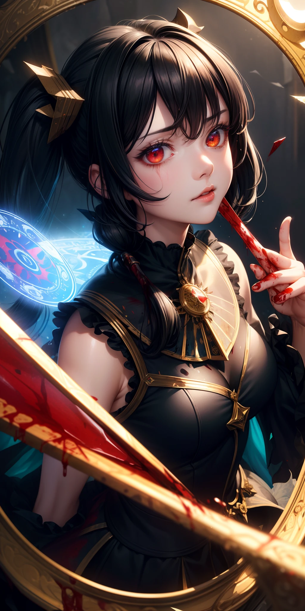 (masterpiece:1.2, best quality), (finely detailed beautiful eyes: 1.2), (detailed background,dark fantasy), (beautiful detailed face), high contrast, (best illumination, an extremely delicate and beautiful), ((cinematic light)), colorful, hyper detail, dramatic light, intricate details, (1 girl, solo,black hair, sharp face,low twintails,red eyes, hair between eyes,dynamic angle), (blood splatter:1.4), swirling black light around the character, depth of field,black light particles,(broken glass),magic circle,