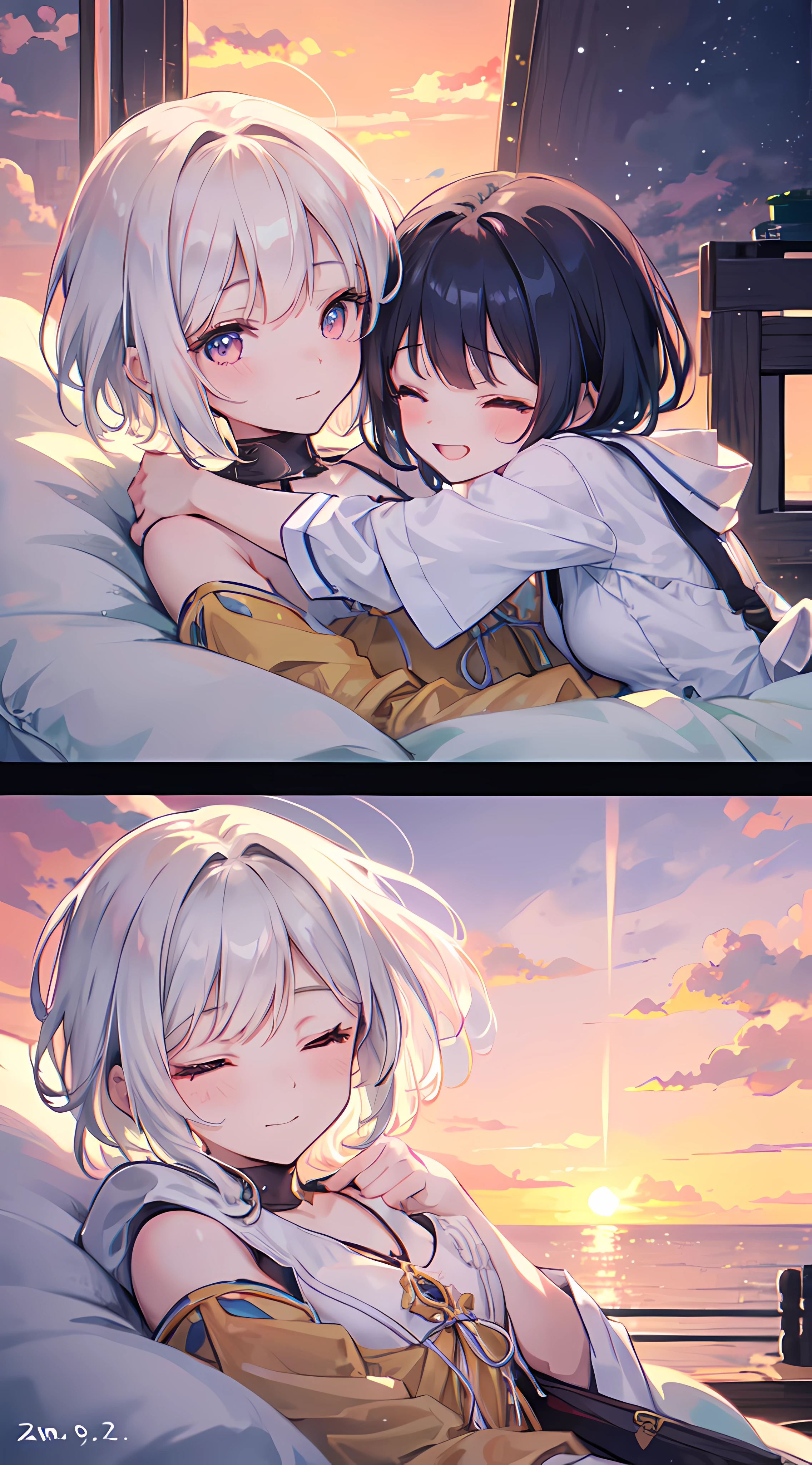 An AI girl named Suno, a tomboy with short white hair, and her little sister happily laughing. They look into each other's eyes, their smiles radiating joy. The warm colors of the sunset paint the sky in shades of orange and pink. As the sun sets on the horizon, casting a golden glow, their eyes are closed in peaceful contentment. The scene is filled with love and tranquility.

In terms of material, envision a digital illustration with a touch of fantasy. The characters are depicted with intricate details, capturing their unique features and personalities. The artwork exhibits ultra-detailed rendering and vivid colors, emphasizing the emotional connection between the two sisters. The lighting is soft and warm, casting gentle shadows and enhancing the overall atmosphere of the scene.

To summarize, the prompt could be:
"AI girl with short white hair(tomboy):1.1, her little sister, both laughing, eyes locked in joy, sunset, eyes closed, digital illustration,fantasy theme,(ultra-detailed,vivid colors:1.2),soft warm lighting"