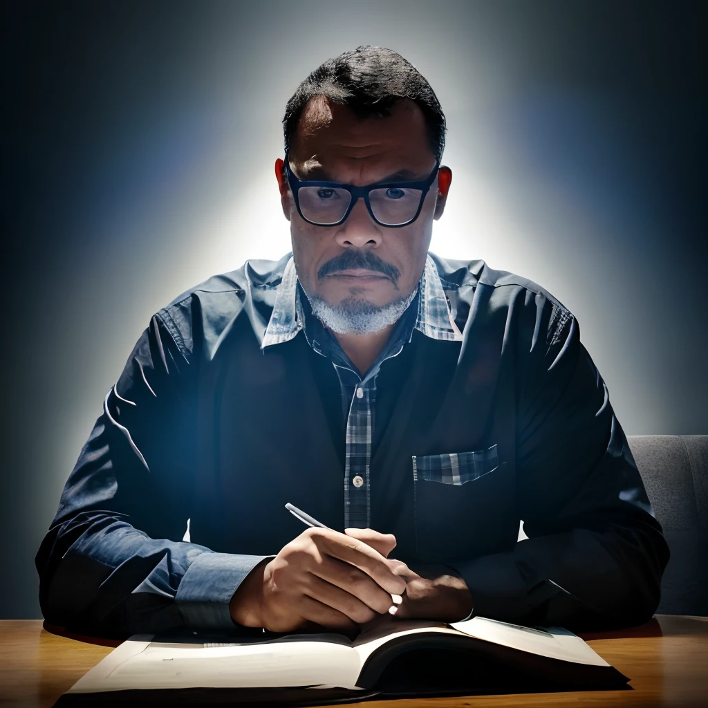 guttonerdvision10, "Capture a stunning discreet photograph-style portrait of a man wearing glasses and a checkered shirt. Create a dramatic atmosphere with strong contrasts between light and shadow. Destaque os detalhes intrincados de seu rosto e roupas. Make sure the composition emphasizes the subject's mood and character. Use subtle, controlled lighting to achieve the desired effect."
