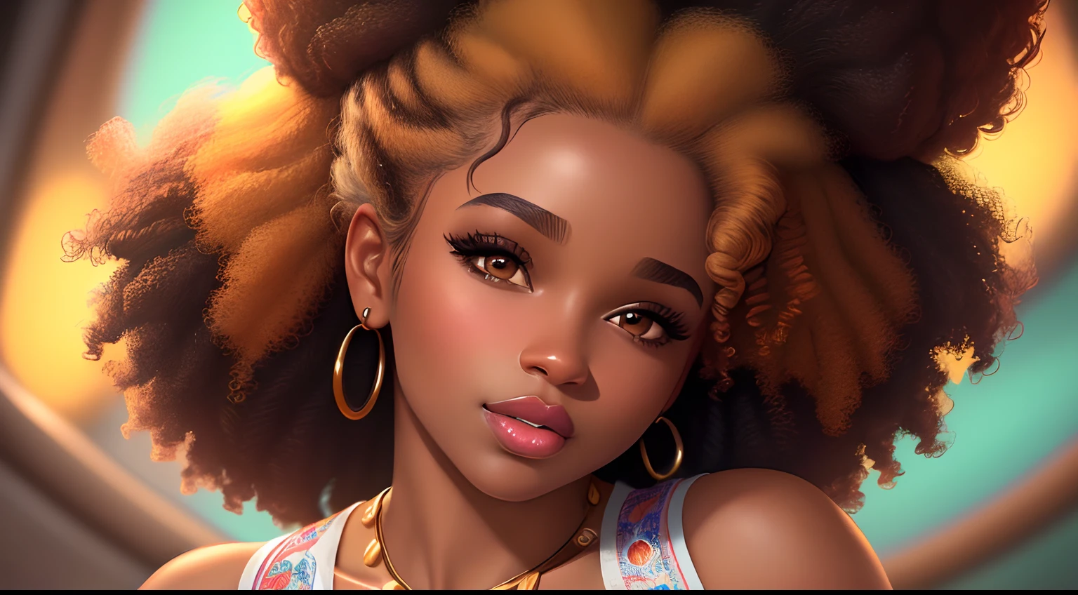 (best quality,highres,realistic:1.2),A young woman with brown skin and an afro hairstyle, Boso,illustration,pinup,vibrant colors,stylized portrait,detailed eyes,detailed lips,expressive face,bokeh lighting