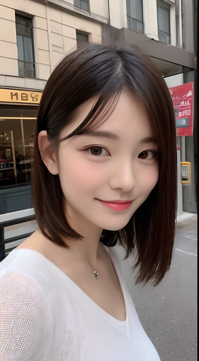 ((best qualtiy, 8K, tmasterpiece:1.3)), Focus:1.2, perfect figure beautiful woman:1.4,, ((Cut hair in layers, Beautiful breasts:1.2)),(rain, street:1.3),Highly detailed facial and skin texture, A detailed eye, 二重まぶた,Whiten skin,long whitr hair,ssmile