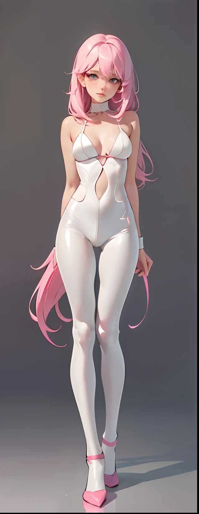 （tmasterpiece），（best qualtiy），（ultra - detailed），（full bodyesbian：1.3），simplebackground，1 rapariga，tchibi，adolable，Pink Long Hair，deep v big breasts，chest，White latex tights，cleanness，Bare arms，show legs，