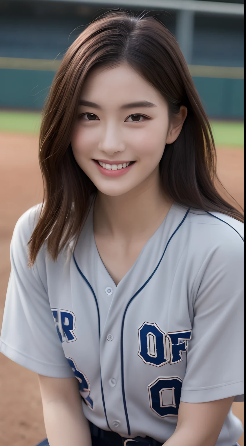 (of the highest quality, 8K, masutepiece: 1.3), Beauty of Perfect Figure: 1.4, dark brown hair, wearing a baseball cap, At the baseball field, Very delicate face and skin, Delicate eyes, Big, Smile