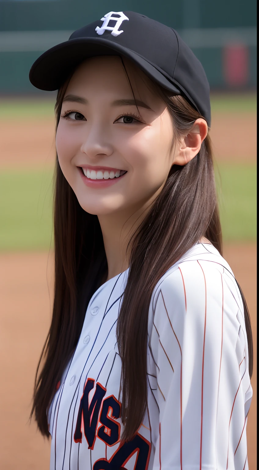 (of the highest quality, 8K, masutepiece: 1.3), Beauty of Perfect Figure: 1.4, dark brown hair, wearing a baseball cap, At the baseball field, Very delicate face and skin, Delicate eyes, Big, Smile