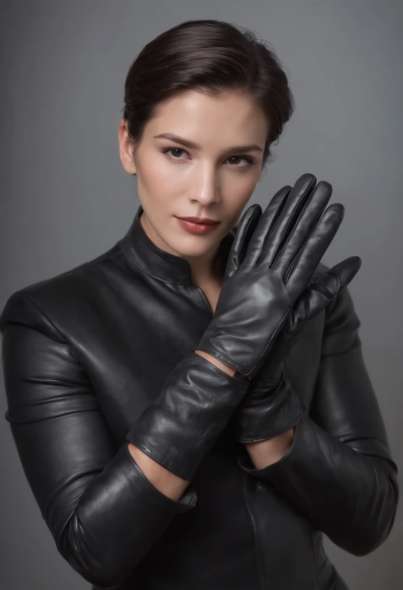 Wearing black leather gloves on both hands, parte superior do corpo, jaqueta preta do cavaleiro de couro, de frente para a mesa no estudo moderno no escuro, olhando para baixo, sorridente, Longas, cabelo preto liso, homen japonesa jovem (black leather gloves covering both hands) Sentado em uma cadeira com os dedos de luvas de couro preto, Trabalhando no computador
