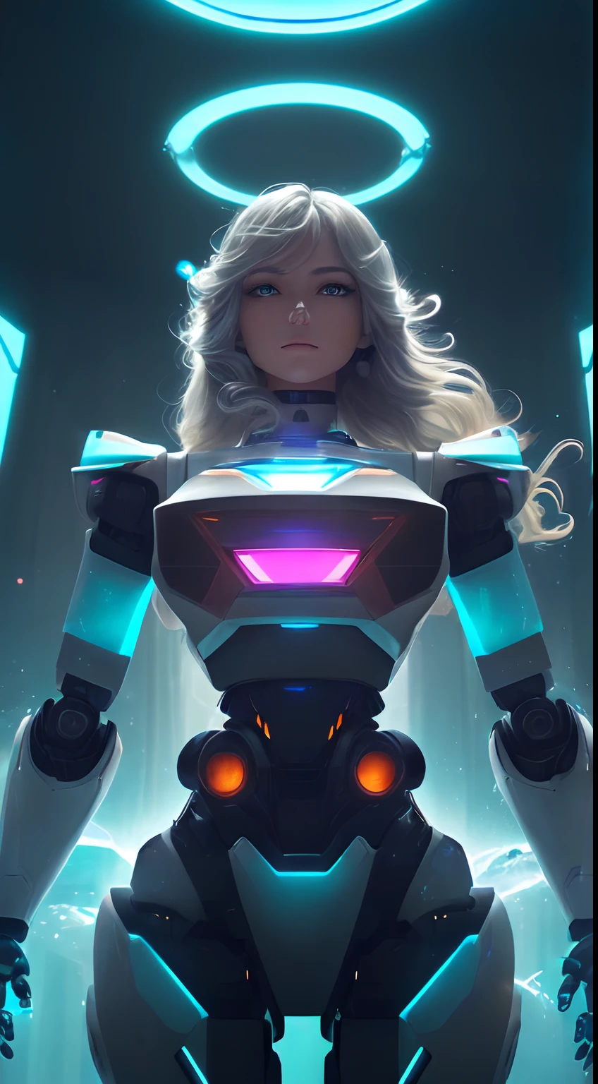 motor irreal:1.4,UHD,La mejor calidad:1.4, fotorrealista:1.4, textura de la piel:1.4, obra maestra:1.8,((Beautiful robot woman Vividly colored digital image of a symmetrical young and ethereally beautiful face with icy blue long hair and eyes reflecting the galaxy., With an elegant futuristic dress that shines with holographic light reflections, De pie frente a un elegante, Glowing portal emitting fog and glowing particles,( It's inside a high-tech lab full of screens and shiny equipment.), Rendered in a stunning sci-fi anime art style with cinematic lighting, intricate linework, and a beautiful structure of atmospheric glow effects  )),(robot:1.4),Luz de fondo naranja:1.4,