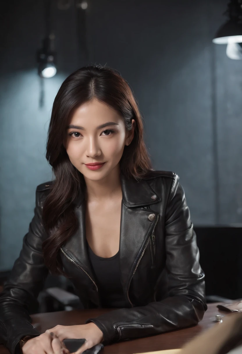 Wearing black leather gloves in both hands Upper body Black leather rider's jacket Necklace Facing the desk in the modern study in the dark, looking down and smiling, long straight black hair Young Japanese woman (black leather gloves cover both hands) Sitting on a chair with the fingers of black leather gloves and working on the computer