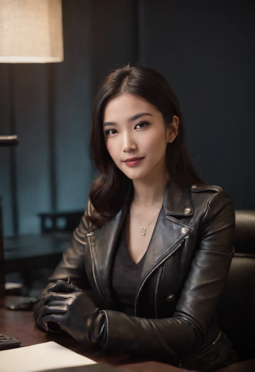 Wearing black leather gloves in both hands Upper body Black leather rider's jacket Necklace Facing the desk in the modern study in the dark, looking down and smiling, long straight black hair Young Japanese woman (black leather gloves cover both hands) Sitting on a chair with the fingers of black leather gloves and working on the computer