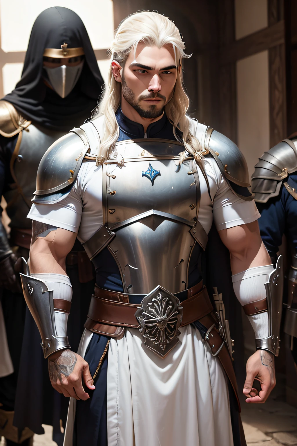 Homem forte e guerreiro de Jesus, com cabelos longos e pretos fluindo ao vento, vestido com uma armadura branca, empunhando sua espada.