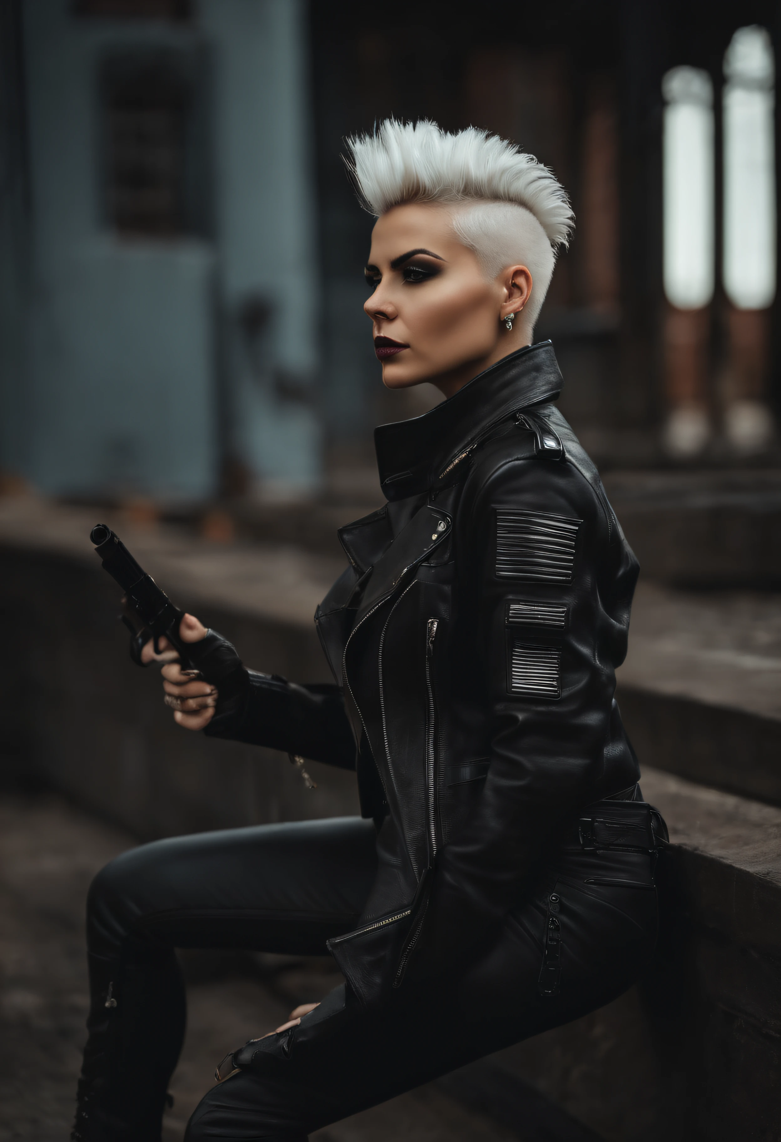 Woman 21 yo with leather jacket, leather pants, black shirt, white hair shaved on sides, spiky mohawk on top, sniper rifle over shoulder, standing, smoking a cigarette. She has a nose ring. Military laced boots.