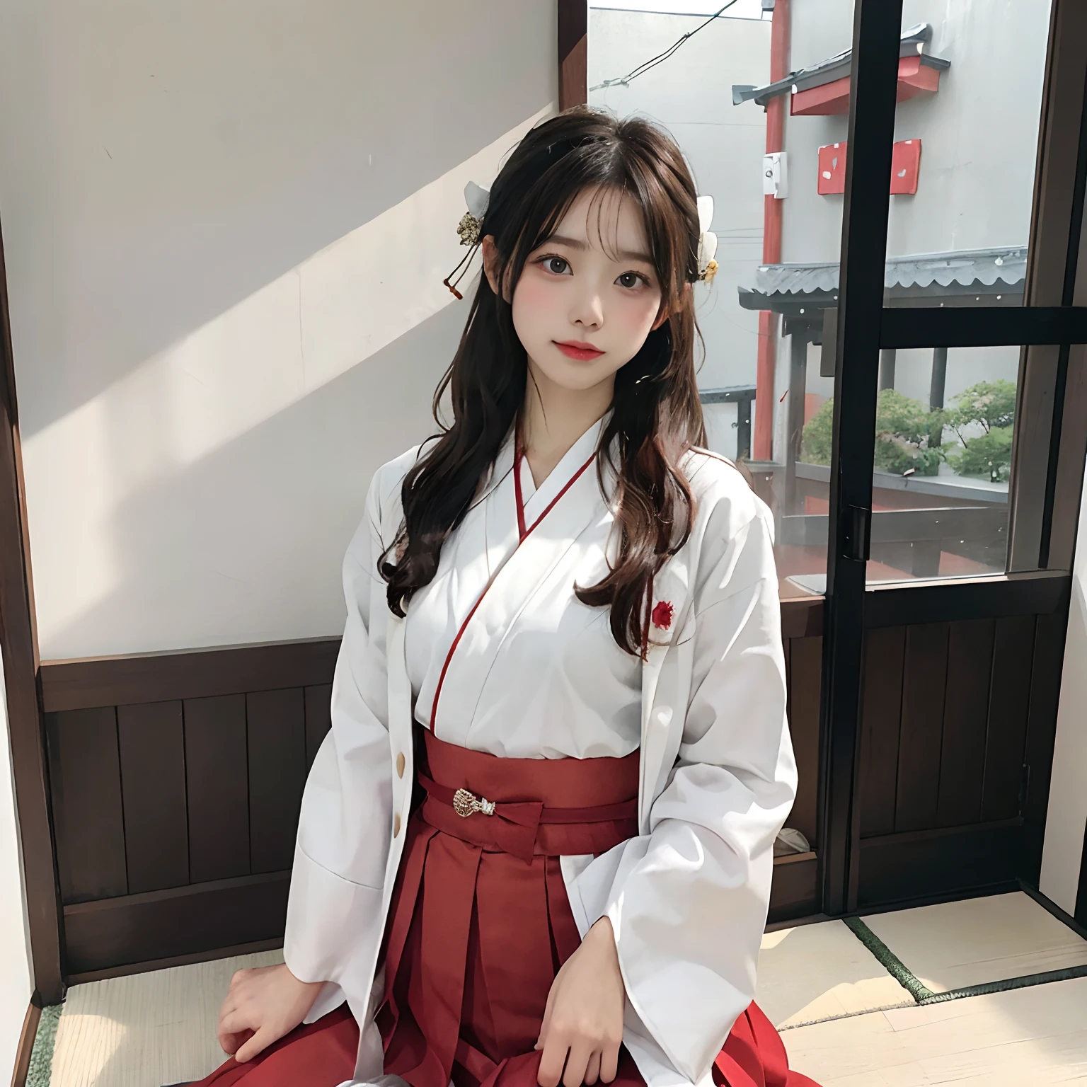Woman in red skirt and white shirt is taking pictures, Komono, japanese girl school uniform, white hanfu, hakama kimono, Japan school uniform, wearing japanese school uniform, A Japanese style, Red kimono, Japanese style, traditional japanese, Wearing Hakama, japanese kimono,The background is indoors,The background is indoor,No bra,Seated position ,feet visible