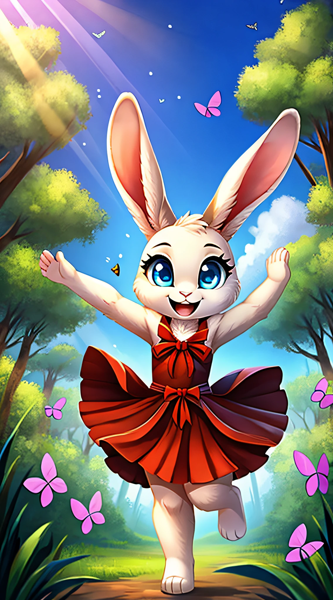 zoomed out image, fantasy style art, cute, adorable, short character, small, tiny little fluffy female white bunny with blue eyes, large poofy rabbit tail, big floppy ears, long ears, ears perked up, raised ears, long eyelashes, wearing a red frilly ribbon dress, in a forest, chasing butterflies, running after butterflies, big expressive smile, open mouth, wide eyes, excited eyes, excited face, stunning visuals, sunrays, digital illustration