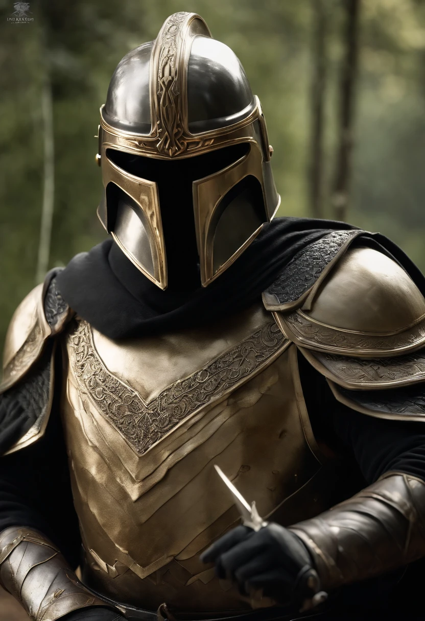 (melhor qualidade,4k,8k,Altas,master part:1.2),ultra-detalhado,(Realistic,fotorrealista,photo-realistic:1.37),medieval,armadura mandaloriana,armadura brilhante, guerreiro,rosto lindamente detalhado,sharp facial features,olhos expressivos,Determined expression,Macho,postura heroica,dramatic lighting,fundo aventureiro,paisagem de fantasia,atmosfera mal-humorada,vivid colors,Medieval inspiration,metal textures,Epic Battle,historical warrior,combate tradicional,cavaleiro corajoso,Valor,momento triunfante,perspectiva envolvente,Ancient relics,Stoic presence,ancient ruins,Mystical aura,aura poderosa,Esgrima,guerreiro habilidoso,gravuras de armadura,combate intenso,pose majestosa,detalhes ornamentados,pontaria,Authentic costumes,figura imponente,Legendary fighter,honra e Valor,brilho lustroso,atmosfera de pressentimento,timeless hero,Uncompromising spirit, Armadura Medieval, Capacate de Cavaleiro Europeu; Carregando dois sabres de luz do Kylo Ren, Dual Wielding, Dois sabres de luz vermelho brilhantes,