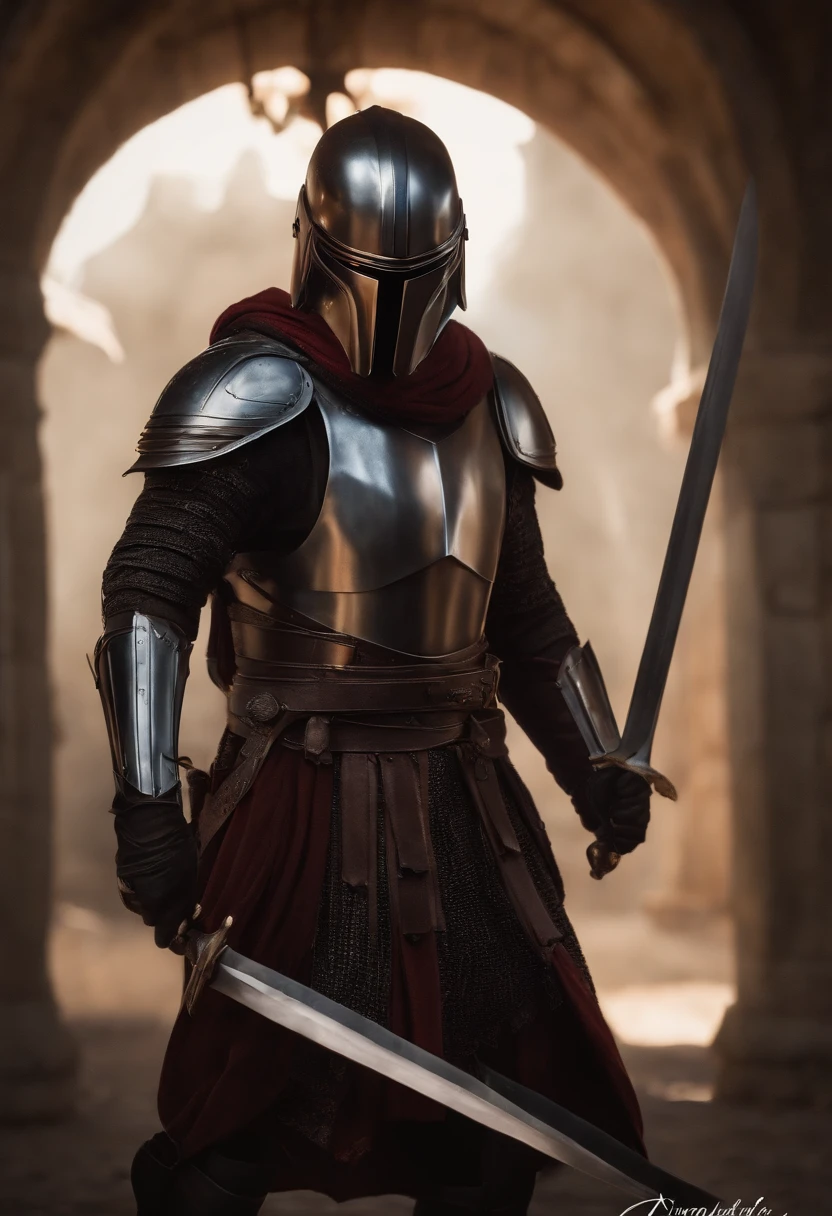 (melhor qualidade,4k,8k,Altas,master part:1.2),ultra-detalhado,(Realistic,fotorrealista,photo-realistic:1.37),medieval,armadura mandaloriana,armadura brilhante, guerreiro,rosto lindamente detalhado,sharp facial features,olhos expressivos,Determined expression,Macho,postura heroica,dramatic lighting,fundo aventureiro,paisagem de fantasia,atmosfera mal-humorada,vivid colors,Medieval inspiration,metal textures,Epic Battle,historical warrior,combate tradicional,cavaleiro corajoso,Valor,momento triunfante,perspectiva envolvente,Ancient relics,Stoic presence,ancient ruins,Mystical aura,aura poderosa,Esgrima,guerreiro habilidoso,gravuras de armadura,combate intenso,pose majestosa,detalhes ornamentados,pontaria,Authentic costumes,figura imponente,Legendary fighter,honra e Valor,brilho lustroso,atmosfera de pressentimento,timeless hero,Uncompromising spirit, Armadura Medieval, Capacate de Cavaleiro Europeu; Carregando dois sabres de luz do Kylo Ren, Dual Wielding, Dois sabres de luz vermelho brilhantes,
