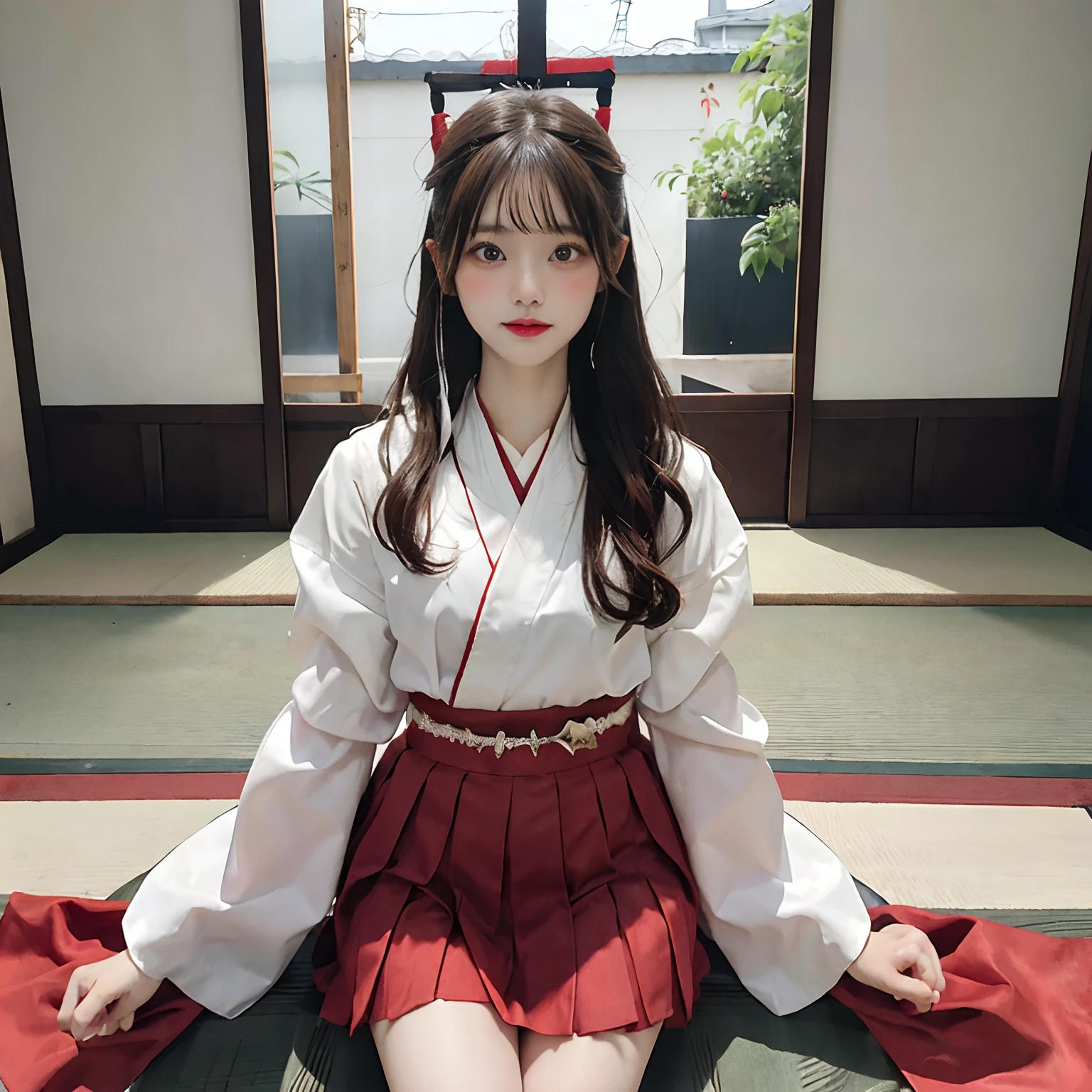 Woman in red skirt and white shirt is taking pictures, japanese girl school uniform, hakama kimono, Japan school uniform, wearing japanese school uniform, A Japanese style, Red kimono, Japanese style, traditional japanese, Wearing Hakama, japanese kimono,The background is indoors,The background is indoor,No bra,Legs with open legs,valley