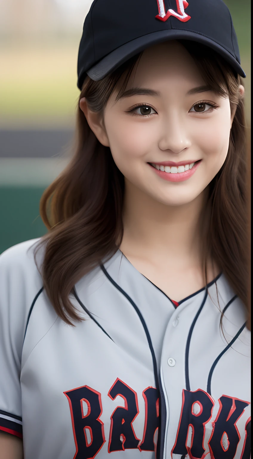 (of the highest quality, 8K, masutepiece: 1.3), Beauty of Perfect Figure: 1.4, dark brown hair, wearing a baseball cap, At the baseball field, Very delicate face and skin, Delicate eyes, Big, Smile