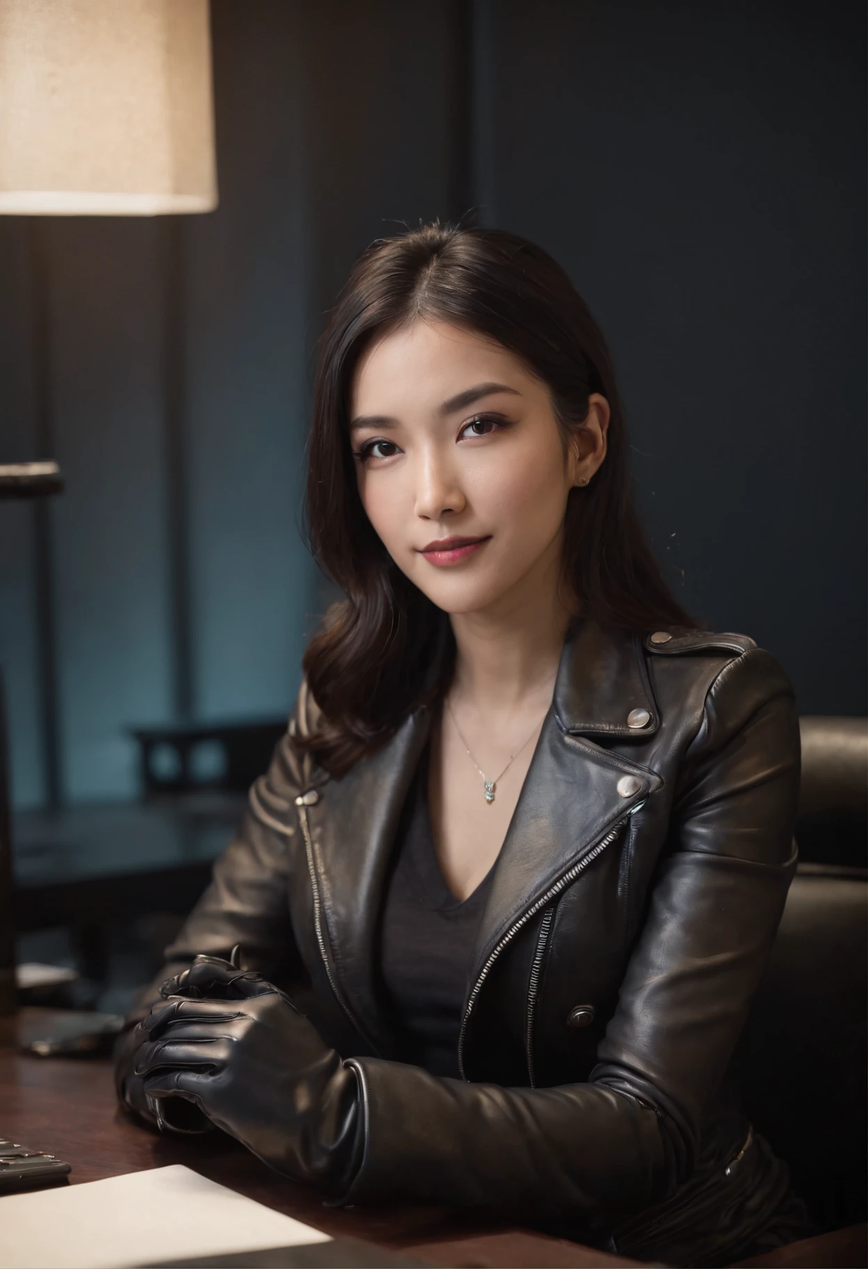 Wearing black leather gloves in both hands Upper body Black leather rider's jacket Necklace Facing the desk in the modern study in the dark, looking down and smiling, long straight black hair Young Japanese woman (black leather gloves cover both hands) Sitting on a chair with the fingers of black leather gloves and working on the computer