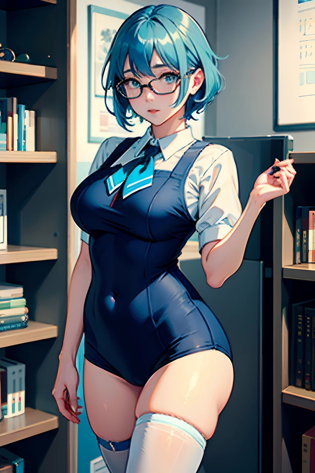 (the Extremely Detailed CG Unity 8K Wallpapers)、top-quality、独奏、1girl in、beatiful detailed eyes、Bright pupils、(extremely delicate and beautiful)、(Beautiful and detailed eyes description)、ultra-detailliert、masterpiece、))、Colossal tits、atlibrary、Put your hands on your chest、Photorealsitic、Sailor Mercury、lightblue hair、Big buttocks、student clothes、eye glasses、spats、short-cut、Open your legs