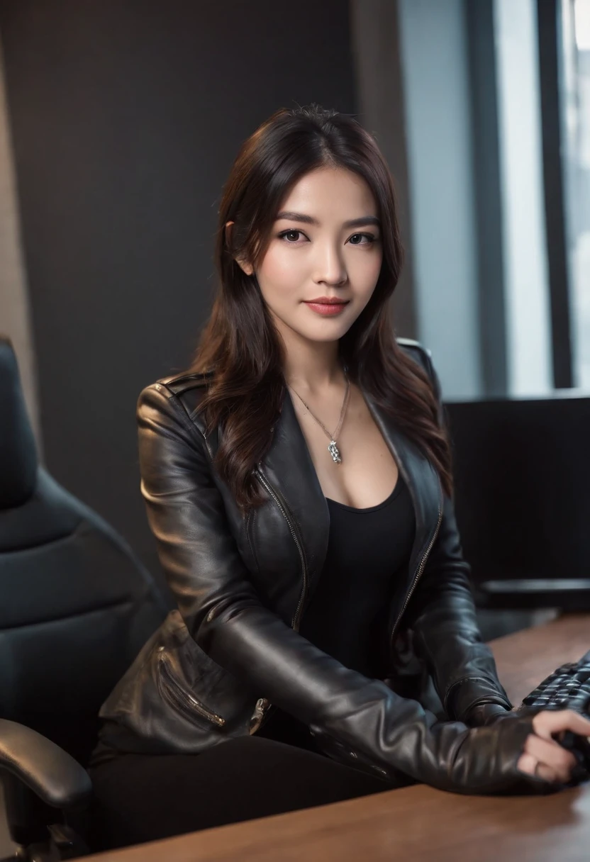 Wearing black leather gloves in both hands Upper body Black leather rider's jacket Necklace Facing the desk in the modern study in the dark, looking down and smiling, long straight black hair Young Japanese woman (black leather gloves cover both hands) Sitting on a chair with the fingers of black leather gloves and working on the computer