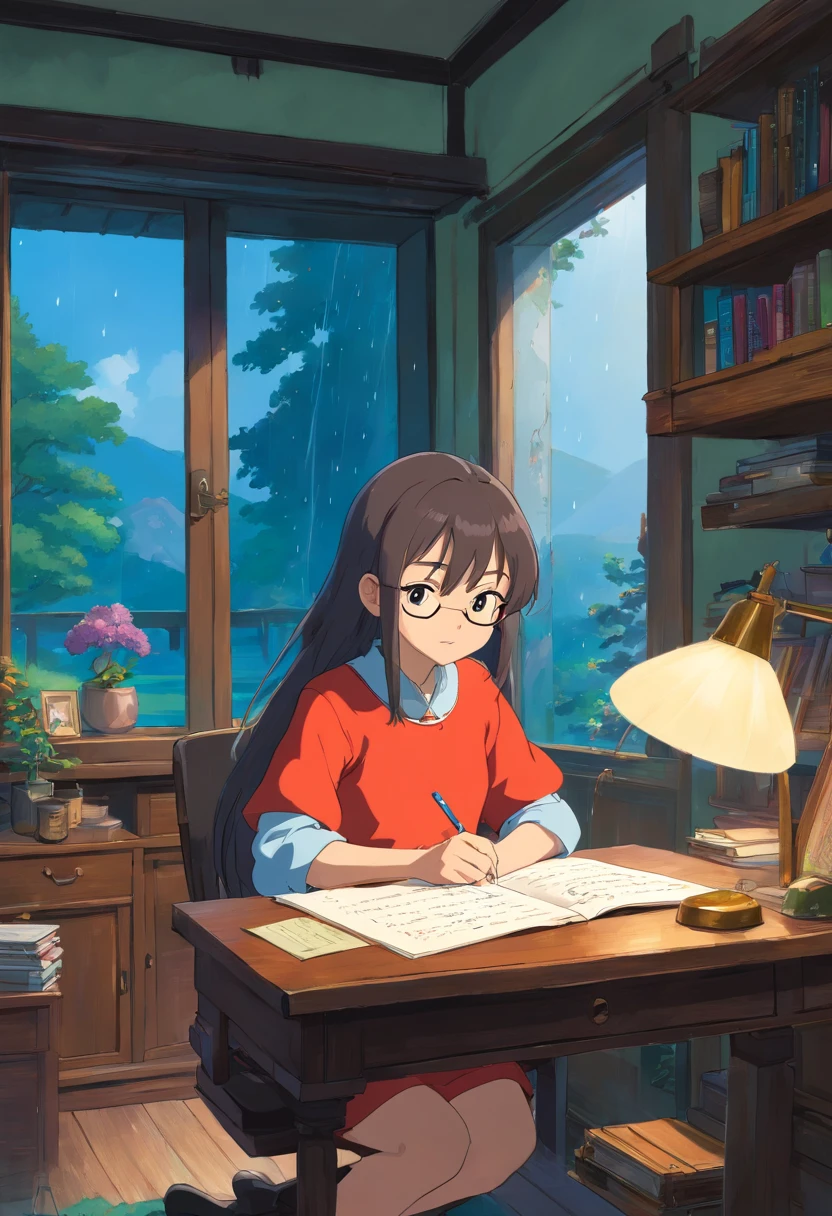 menina adolescente，Rabo de cavalo duplo preto，Meias brancas、membros completos，esbeltez;，Roliço sitting at the desk writing in the bedroom with a large window and raining it out. Dentro do Quarto com um abaju aceso.