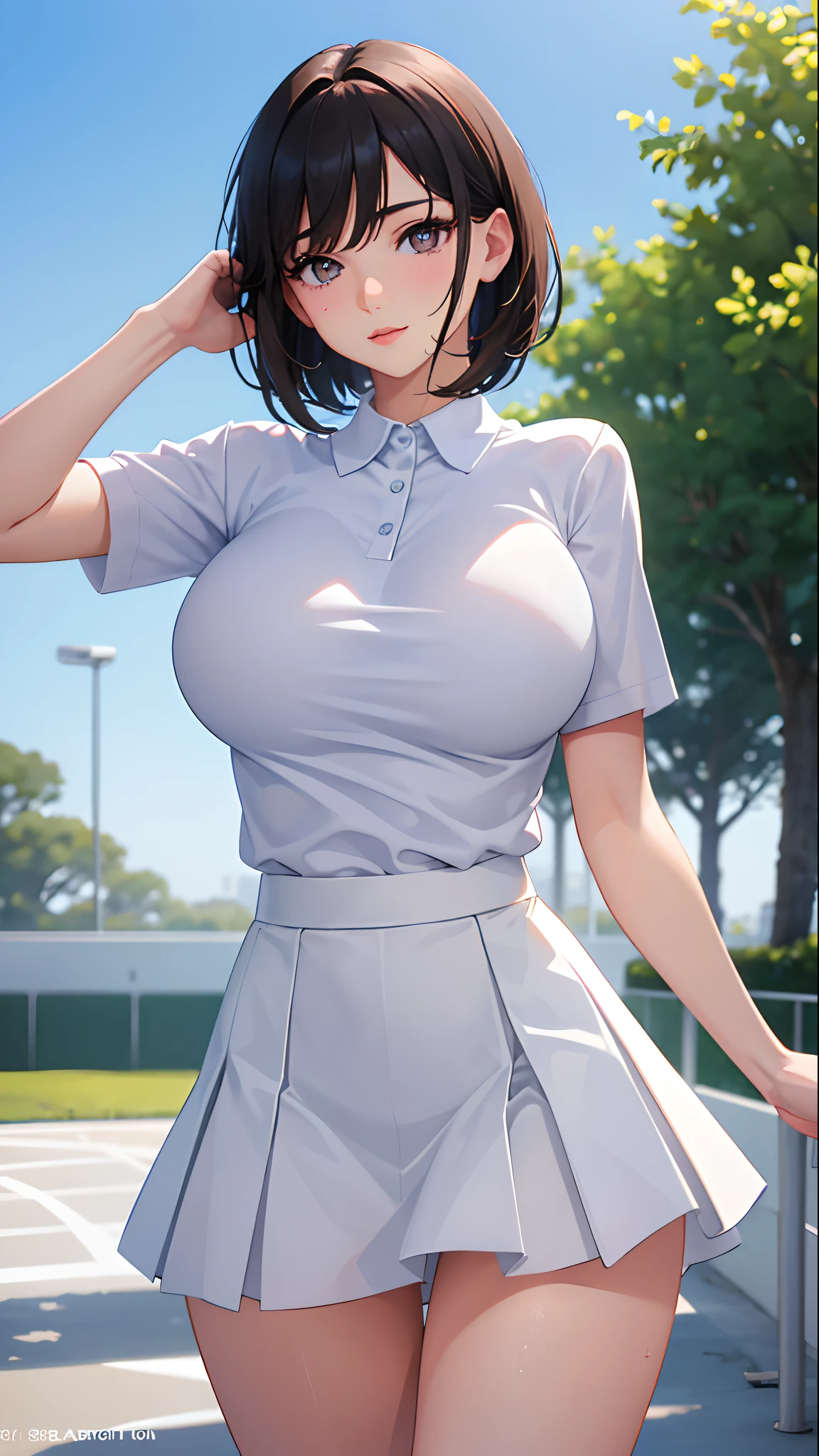 1girl, solo, white polo shirt, white sneakers, tennis wear, white mini skirt, masterpiece, best quality, realistic, ultra-detailed, (shiny skin, sweating: 1.4), ridiculous, looking at the audience, short black hair, brown eyes, slender, dynamic light and shadow, high resolution, sharp focus, depth of field, fine eyes, sharp pupils, realistic pupils, (big breasts: 1.6), (thigh thickness: 1.0), outdoor, sky