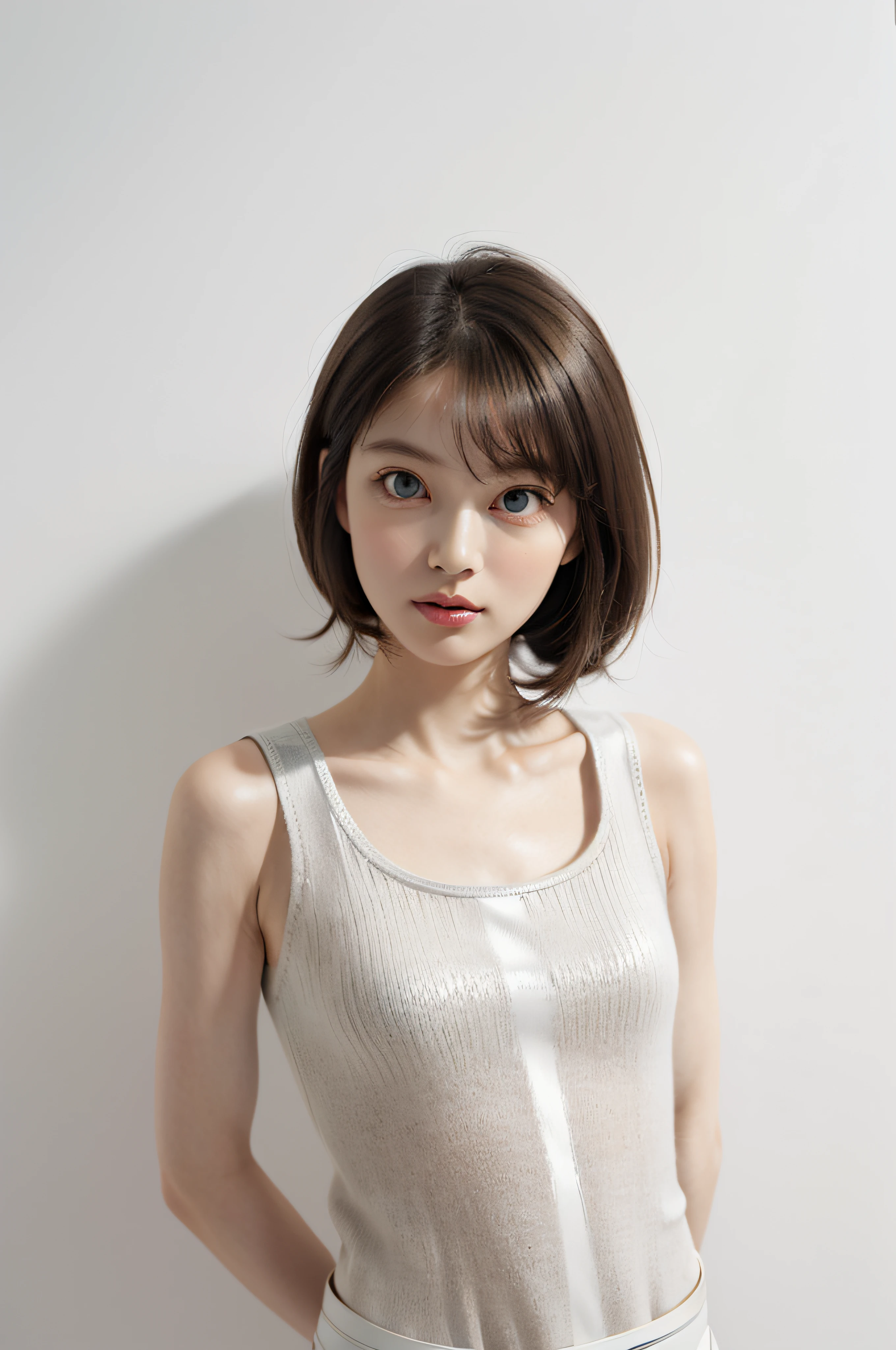 (Very long straight hair, brown:1.5), (masterpiece, best qualtiy, Light photo, Photorealsitic, Looking at the camera, Focused, From the top of the head to the crotch:1.7), BREAK (1 girl in, solo, alone, Beautuful Women, pretty skin, fair-skinned, Good Style, Very thin except for breasts, but breasts are protruding, Very big big breasts in good shape, 20 year old young woman with 9 heads and model body shape:2), BREAK (A beautiful face with fine skin and fine skin and white skin, Small head and small face:1.9) BREAK (Beautiful eye details, A nose with a beautiful shape and a nasal muscle, Beautiful thin lips, closes mouth, Fair and shiny skin:1.8) BREAK (Slender eyes, Beautiful symmetrical eye shape:1.4), (light brown big eyes:1.4), BREAK (Knitwear on a tight tank top:1.7), (Black leather restraining collar:1.5), (Friendly, Sincerely fun, Honest expression:1.5), BREAK (white simple background, flat lighting:1.4),