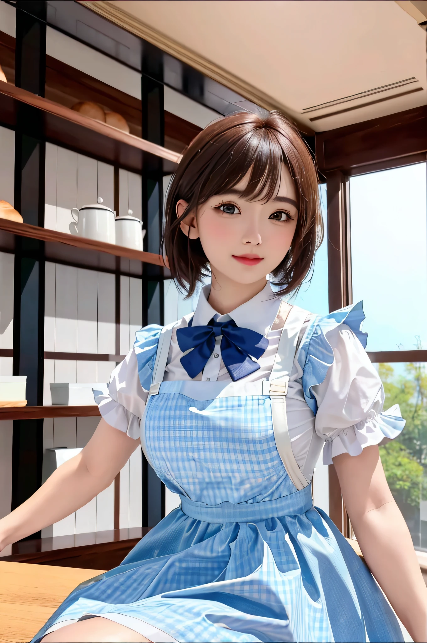 ​masterpiece、top-quality、超A high resolution、(photographrealistic:1.4)、(Sit on a chair:1.7、Put your arm on the desk in front of you:1.7、Place your head on the desk:1.7、Put your face on the desk:1.7、Beautiful woman lying on desk:1.7)、(Simple necklace in silver color:1.5)、((1girl in、White fair skin:1.4、looking at the viewers、Cowboy Shot、spotless、cute little、The long-haired、A dark-haired、Light Brown Fringe Hair、Braided hair、disheveled hair、Light brown eyes、、short hair with bangs、bursting milk in the same way))、 (Red bow:1.3), (A smile)、High detailed eyes、long neck、(((short hair with bangs)))、Lashes、(((natural soft light、gazing at viewer、Entice your audience、爆乳、Highlights in the eyes)))、[(Hassleblad H6D-400c)], [(Medium format image)],[(dream-like)],[(400 mega pixels)], (Photorealsitic:1.4), (Raw photography:1.2), (8K), (​masterpiece:1.3), (realisitic), (A hyper-realistic), ultra-detailliert, illustratio, very_high_Realistic:1.5 ,very_high_resolution:1.5, nffsw, nffsw, Unity, 8K Picture Wallpaper, astonishing、finely detail, Official art, Highly detailed ticker Unity 8k wallpaper, (top-quality), incredibly absurdness, ultra-detailliert, Light on the Face, cinematric light, 电影灯光, Professonal lighting、photon maping、Radio City、physically-based renderingt、solofocus、foco nítido、 hight resolution、ighly detailed、extremely delicate and beautiful、intricate detailes、face muscles、a beautiful detailed girl、Natural makeup、extra detailed face、looking at away、(Gingham Check Suspender Apron:1.3), (Solid Blue High Waist Skirt:1.3), (Apron over skirt:1.2), (White blouse:1.3), (double-breasted,Underbust:1.2), Short sleeves, buttonGap, (Solid blue bow tie:1.2),(Bread salesperson:1.5)、(Shelf color々Chock full of bread:1.5)、(Ceiling-to-ceiling shelves:1.5)