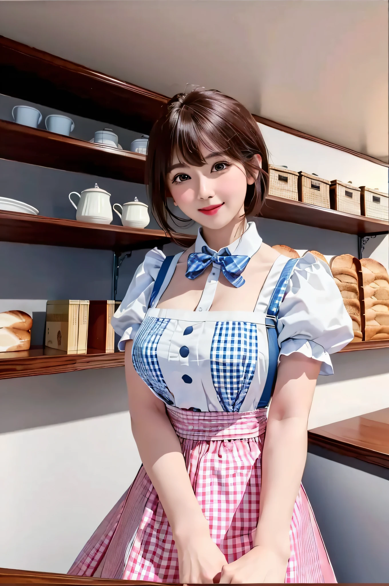 ​masterpiece、top-quality、超A high resolution、(photographrealistic:1.4)、(Sit on a chair:1.7、Put your arm on the desk in front of you:1.7、Place your head on the desk:1.7、Put your face on the desk:1.7、Beautiful woman lying on desk:1.7)、(Simple necklace in silver color:1.5)、((1girl in、White fair skin:1.4、looking at the viewers、Cowboy Shot、spotless、cute little、The long-haired、A dark-haired、Light Brown Fringe Hair、Braided hair、disheveled hair、Light brown eyes、、short hair with bangs、bursting milk in the same way))、 (Red bow:1.3), (A smile)、High detailed eyes、long neck、(((short hair with bangs)))、Lashes、(((natural soft light、gazing at viewer、Entice your audience、爆乳、Highlights in the eyes)))、[(Hassleblad H6D-400c)], [(Medium format image)],[(dream-like)],[(400 mega pixels)], (Photorealsitic:1.4), (Raw photography:1.2), (8K), (​masterpiece:1.3), (realisitic), (A hyper-realistic), ultra-detailliert, illustratio, very_high_Realistic:1.5 ,very_high_resolution:1.5, nffsw, nffsw, Unity, 8K Picture Wallpaper, astonishing、finely detail, Official art, Highly detailed ticker Unity 8k wallpaper, (top-quality), incredibly absurdness, ultra-detailliert, Light on the Face, cinematric light, 电影灯光, Professonal lighting、photon maping、Radio City、physically-based renderingt、solofocus、foco nítido、 hight resolution、ighly detailed、extremely delicate and beautiful、intricate detailes、face muscles、a beautiful detailed girl、Natural makeup、extra detailed face、looking at away、(Gingham Check Suspender Apron:1.3), (Solid Blue High Waist Skirt:1.3), (Apron over skirt:1.2), (White blouse:1.3), (double-breasted,Underbust:1.2), Short sleeves, buttonGap, (Solid blue bow tie:1.2),(Bread salesperson:1.5)、(Shelf color々Chock full of bread:1.5)、(Ceiling-to-ceiling shelves:1.5)