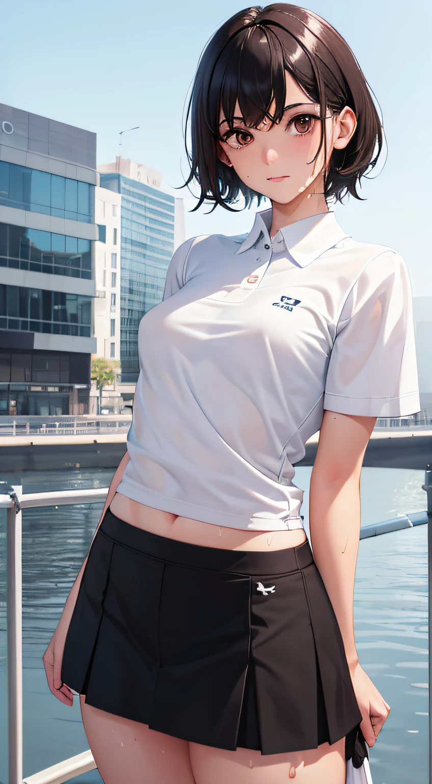 1girl, solo, white polo shirt, white sneakers, tennis wear, white miniskirt, masterpiece, best quality, realistic, hyper-detailed, (shiny skin, sweaty:1.4), absurd, looking at viewer, short black hair, brown eyes, slender, dynamic lighting, high resolution, sharp focus, depth of field, detailed eyes, sharp pupils, realistic pupils, (small breasts:1.6), (thick thighs:1.0), outdoor, sky
