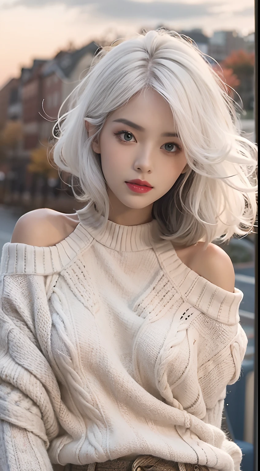 Medium Shot Shot, A beautiful woman looks at the camera, White hair, Chris Foss autumn off-the-shoulder sweater