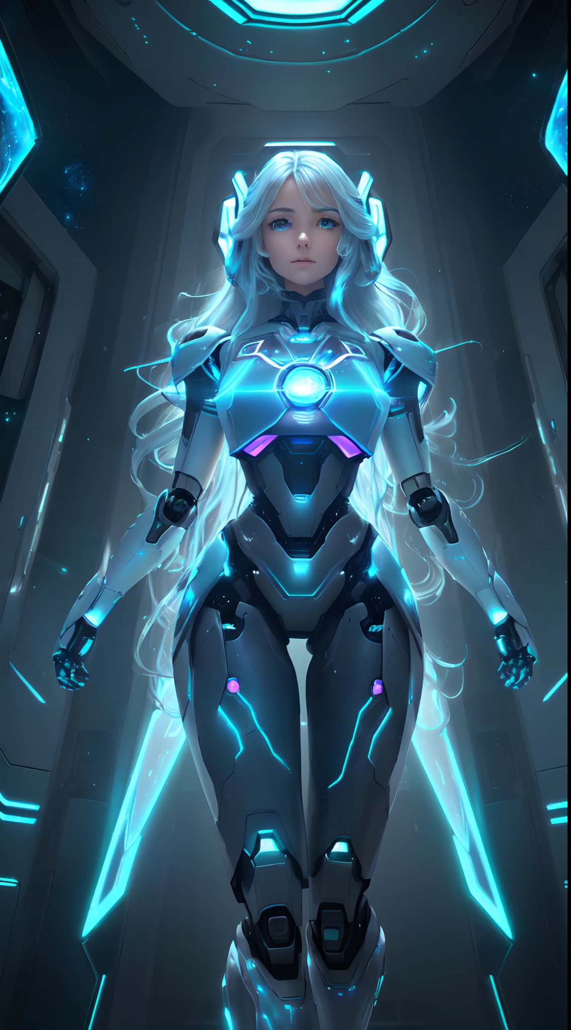 motor irreal:1.4,UHD,La mejor calidad:1.4, fotorrealista:1.4, textura de la piel:1.4, obra maestra:1.8,((Beautiful robot woman Vividly colored digital image of a symmetrical young and ethereally beautiful face with icy blue long hair and eyes reflecting the galaxy., With an elegant futuristic dress that shines with holographic light reflections, De pie frente a un elegante, Glowing portal emitting fog and glowing particles,( It's inside a high-tech lab full of screens and shiny equipment..), Rendered in a stunning sci-fi anime art style with cinematic lighting, intricate linework, and a beautiful structure of atmospheric glow effects )),(robot:1.4),Luz de fondo naranja:1.4,