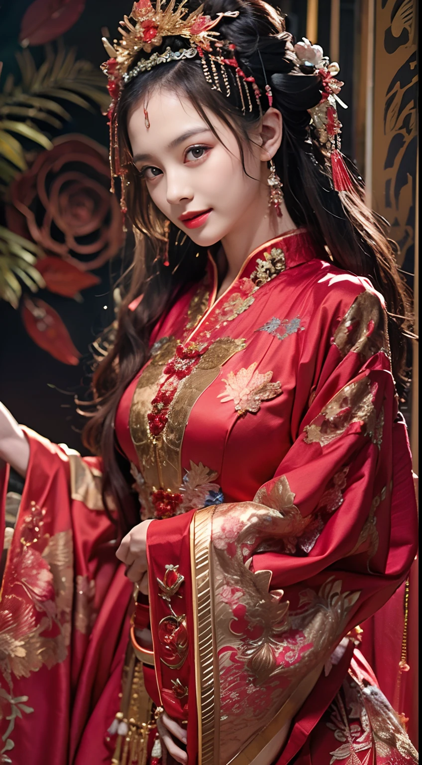 （Ultra-realistic 8K CG：1.2），Perfect artwork，delicate patterns，Complicated details，（Unbeatable masterpiece，Best quality at best：1.2），（extremly intricate：1.2），A woman in a red and gold dress，Phoenix crown，hair stick，（sitting on red bed），cosmetics，Be red in the face，is shy，black_Hair，looking-down，cosmetics，（forehead dot），（2 red candles），Chinese_clothes，窗帘，耳Nipple Ring，Hair_decorations，Hanfu，inside in room， jewely，rednails，Long_Sleeves，reddress，Redlip，nipple tassels，（Red quilt），（red palace：1.2），（Chinese Ancient Architecture），（rot：1.8），natta，perfect hand