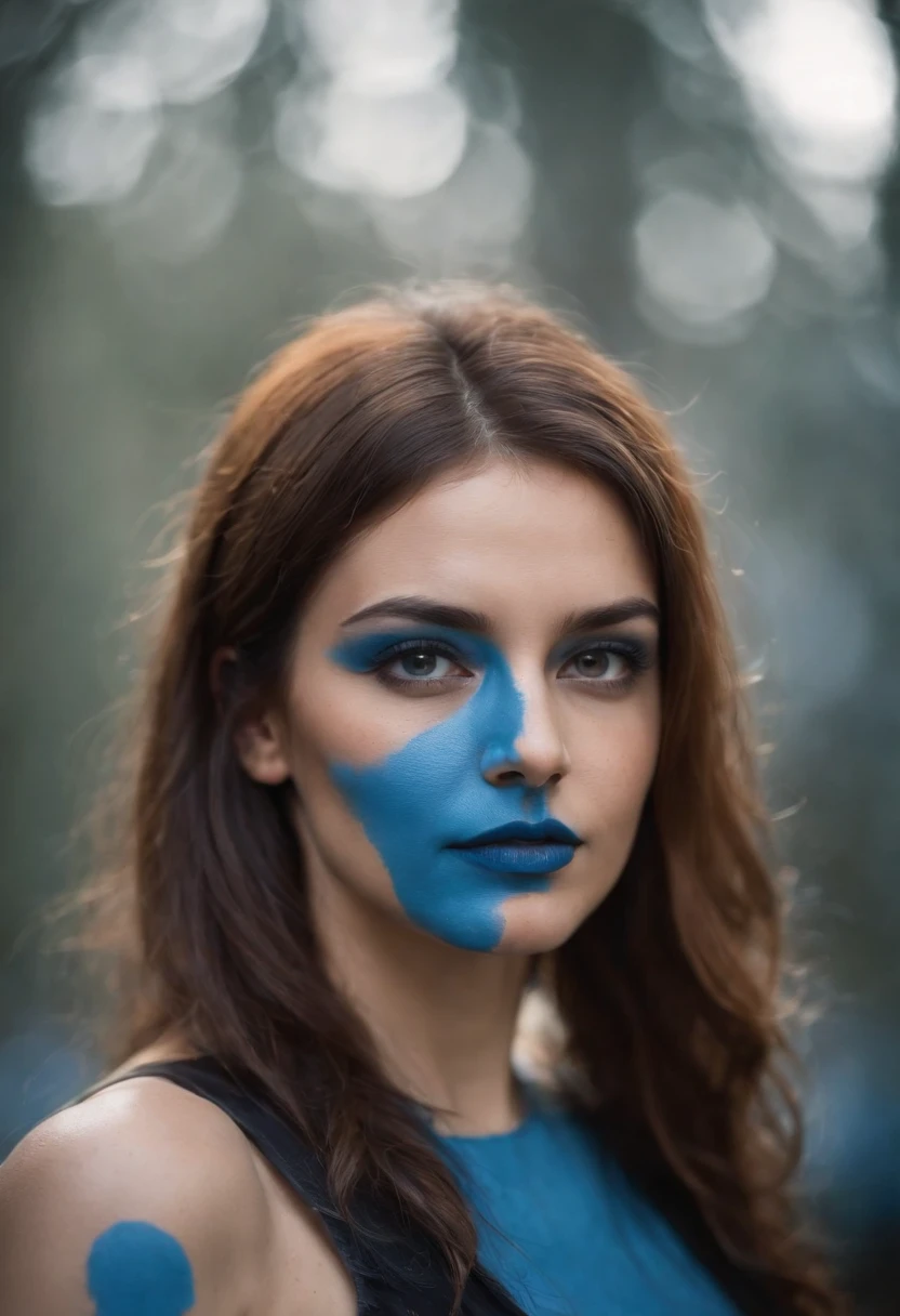 a portrait of an edgy woman with blue paint on her face, in the style of wollensak 127mm f/4.7 ektar, light black and orange, solarpunk, germanic art, intense close-ups, epic fantasy scenes, zen buddhism influence --ar 3:4