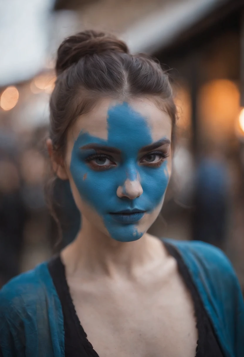 a portrait of an edgy woman with blue paint on her face, in the style of wollensak 127mm f/4.7 ektar, light black and orange, solarpunk, germanic art, intense close-ups, epic fantasy scenes, zen buddhism influence --ar 3:4