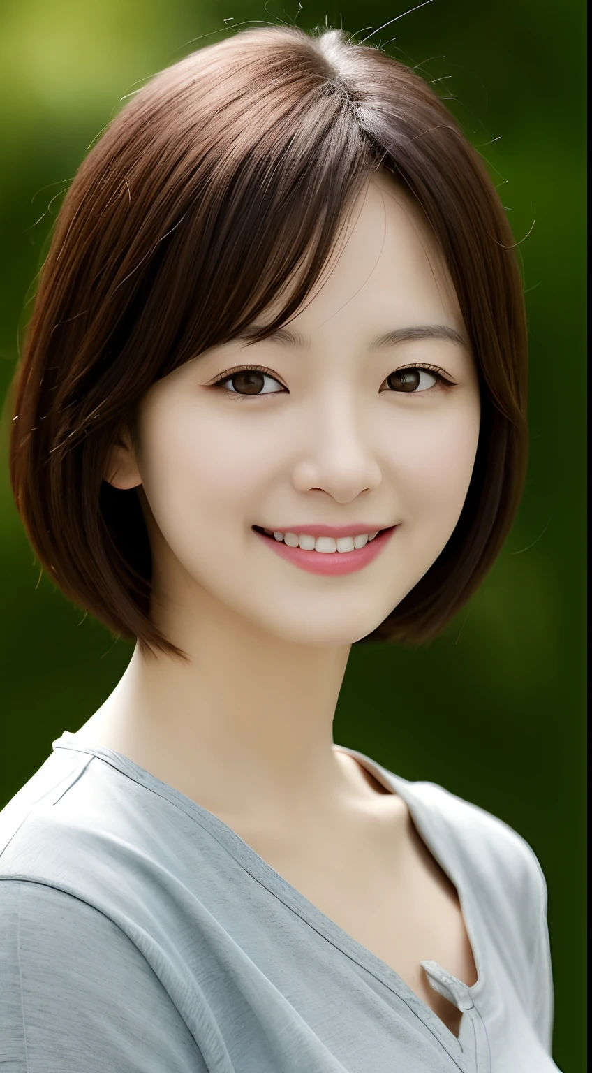 (masterpiece, Highest quality), 1. Mature Woman, Beautiful Face, Japanese、 Tatsumaki, dress, Black dress,Big Breasts,Split,Off-the-shoulder clothing、(8K, RAW photo, best quality, masterpiece:1.2), (realistic, photo-realistic:1.4 (45 years old ),(realistic face),(symmetrical clear eyes),smiling,outdoors,collared shirt, pixie cut