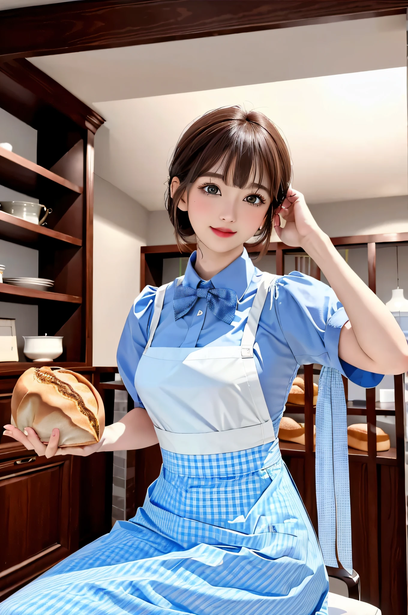 ​masterpiece、top-quality、超A high resolution、(photographrealistic:1.4)、(Sit on a chair:1.7、Put your arm on the desk in front of you:1.7、Place your head on the desk:1.7、Put your face on the desk:1.7、Beautiful woman lying on desk:1.7)、(Simple necklace in silver color:1.5)、((1girl in、White fair skin:1.4、looking at the viewers、Cowboy Shot、spotless、cute little、The long-haired、A dark-haired、Light Brown Fringe Hair、Braided hair、disheveled hair、Light brown eyes、、short hair with bangs、bursting milk in the same way))、 (Red bow:1.3), (A smile)、High detailed eyes、long neck、(((short hair with bangs)))、Lashes、(((natural soft light、gazing at viewer、Entice your audience、爆乳、Highlights in the eyes)))、[(Hassleblad H6D-400c)], [(Medium format image)],[(dream-like)],[(400 mega pixels)], (Photorealsitic:1.4), (Raw photography:1.2), (8K), (​masterpiece:1.3), (realisitic), (A hyper-realistic), ultra-detailliert, illustratio, very_high_Realistic:1.5 ,very_high_resolution:1.5, nffsw, nffsw, Unity, 8K Picture Wallpaper, astonishing、finely detail, Official art, Highly detailed ticker Unity 8k wallpaper, (top-quality), incredibly absurdness, ultra-detailliert, Light on the Face, cinematric light, 电影灯光, Professonal lighting、photon maping、Radio City、physically-based renderingt、solofocus、foco nítido、 hight resolution、ighly detailed、extremely delicate and beautiful、intricate detailes、face muscles、a beautiful detailed girl、Natural makeup、extra detailed face、looking at away、(Gingham Check Suspender Apron:1.3), (Solid Blue High Waist Skirt:1.3), (Apron over skirt:1.2), (White blouse:1.3), (double-breasted,Underbust:1.2), Short sleeves, buttonGap, (Solid blue bow tie:1.2),(Bread salesperson:1.5)、(Shelf color々Chock full of bread:1.5)、(Ceiling-to-ceiling shelves:1.5)