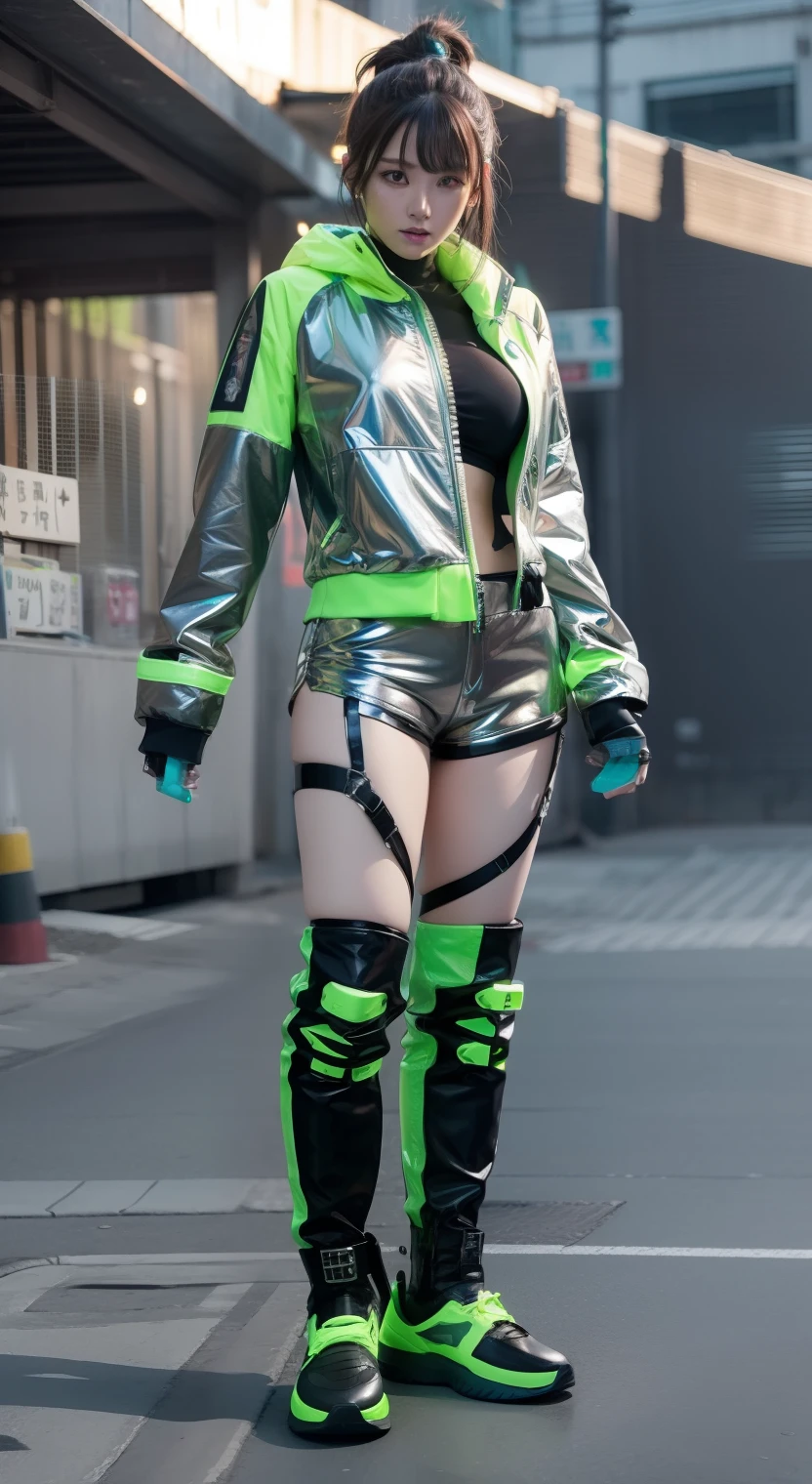Cyberpunk Female Idol、Good Style、semi long hair、Silver Shorts、、Idol face、large full breasts、Fluorescent Green Clothing、、、Colored tights、silvery jacket