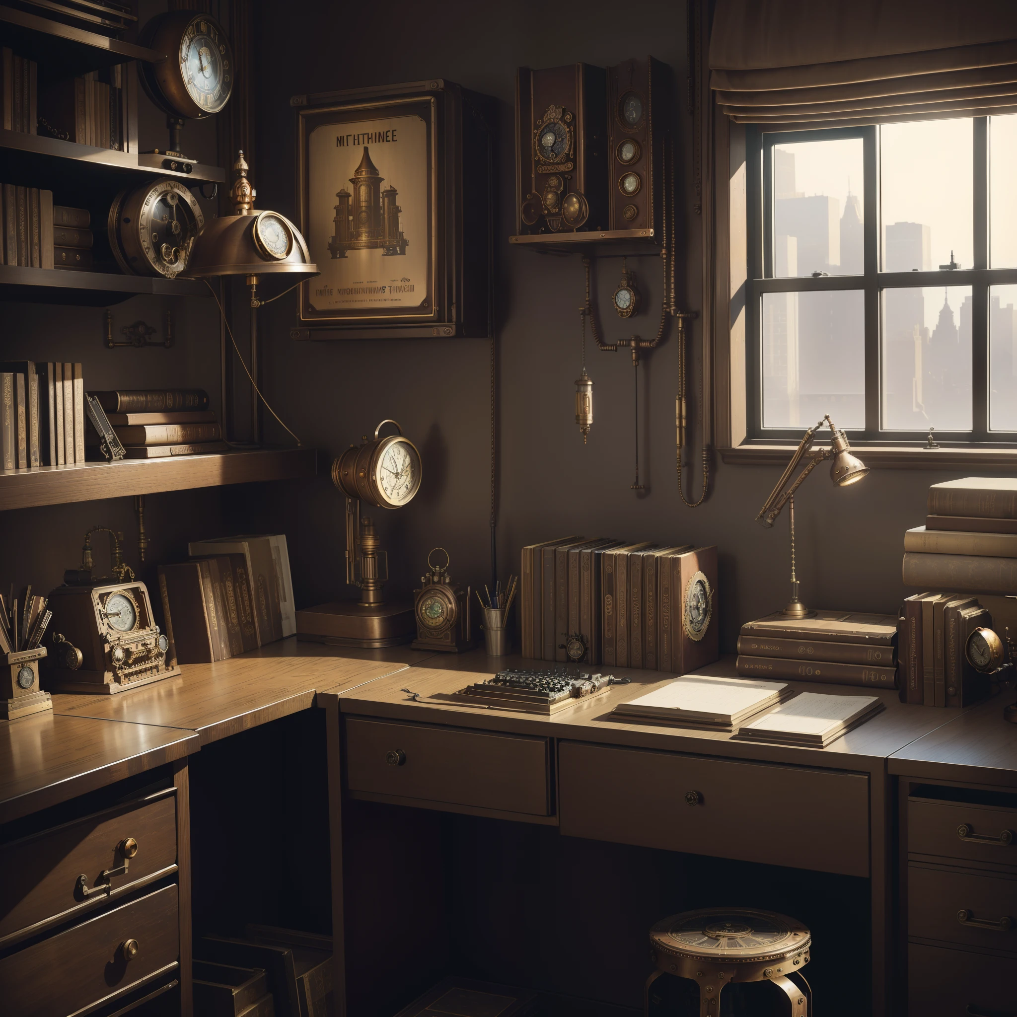 from movie still, fine art, (steampunk:1.4), masterpiece, super detail, high quality, award winning, 8k, A retro phone is on the desk, There are also typewriters, 1960s interior, at the office, in NY, A reliable place to work, Desaturated look, vignetting, natural light, on a sunny day, in winter, in the afternoon