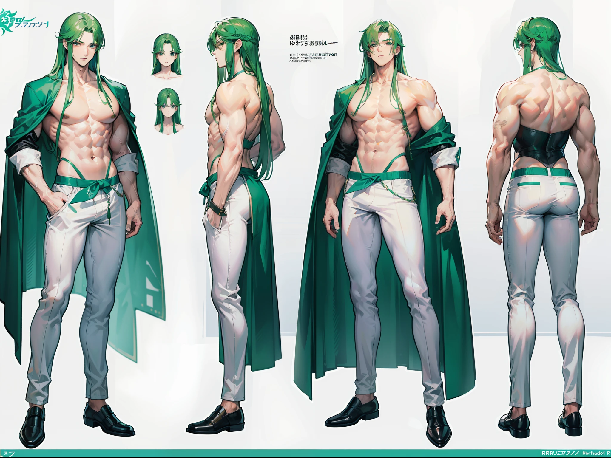 ((Masterpiece, Highest quality)), Detailed face, character design sheet, full bodyesbian, Full of details, frontal body view, back body view, Highly detailed, Depth, Many parts, Muscle boy with long green hair with long bangs,handsome man, muscle body, white outfit male gods, man tall