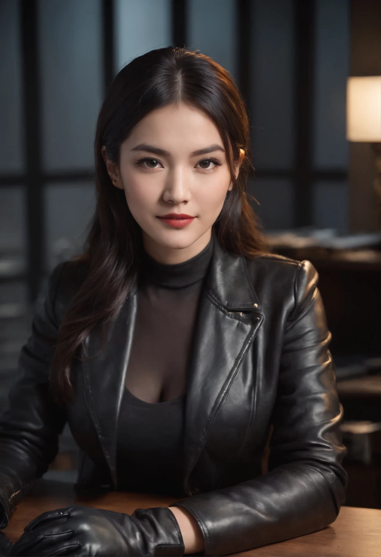 Wearing black leather gloves in both hands Upper body Black leather rider's jacket Necklace Facing the desk in the modern study in the dark, looking down and smiling, long straight black hair Young Japanese woman (black leather gloves cover both hands) Sitting on a chair with the fingers of black leather gloves and working on the computer