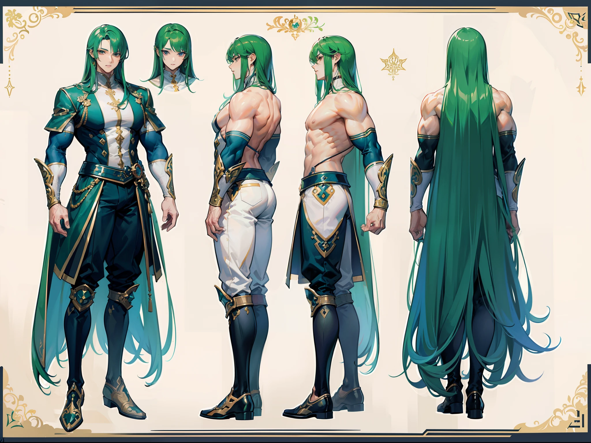 ((Masterpiece, Highest quality)), Detailed face, character design sheet， full bodyesbian, Full of details, frontal body view, back body view, Highly detailed, Depth, Many parts, Muscle boy with long green hair with long bangs，handsome man, muscle body, white outfit male gods, man tall